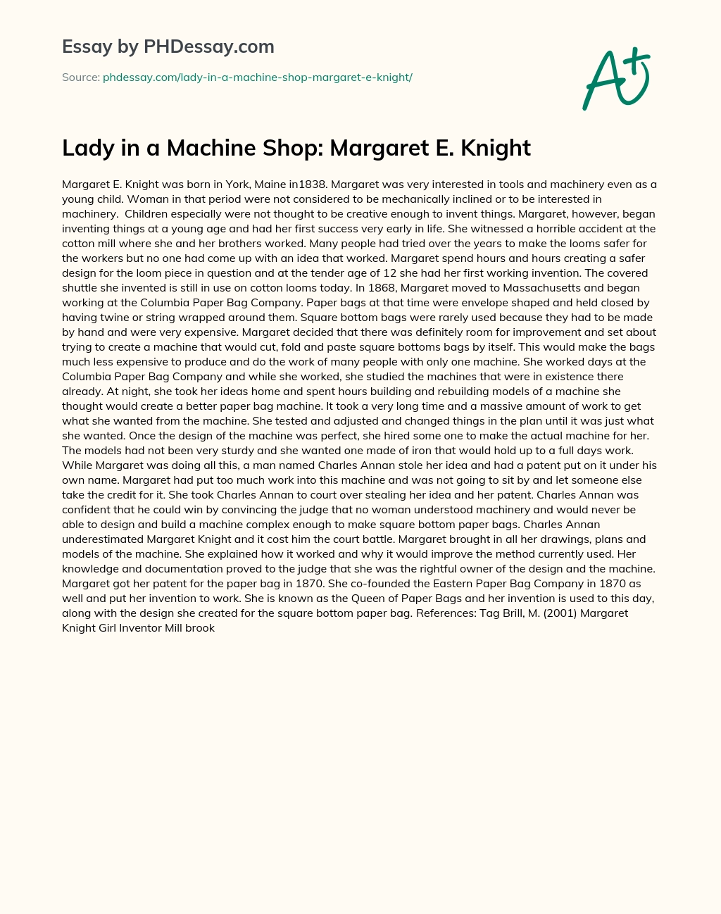 Lady in a Machine Shop: Margaret E. Knight essay