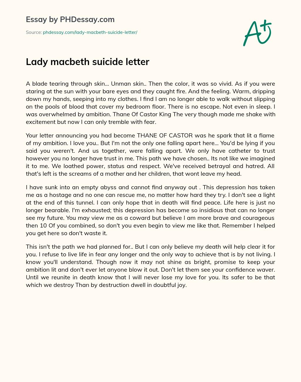 Lady macbeth suicide letter essay