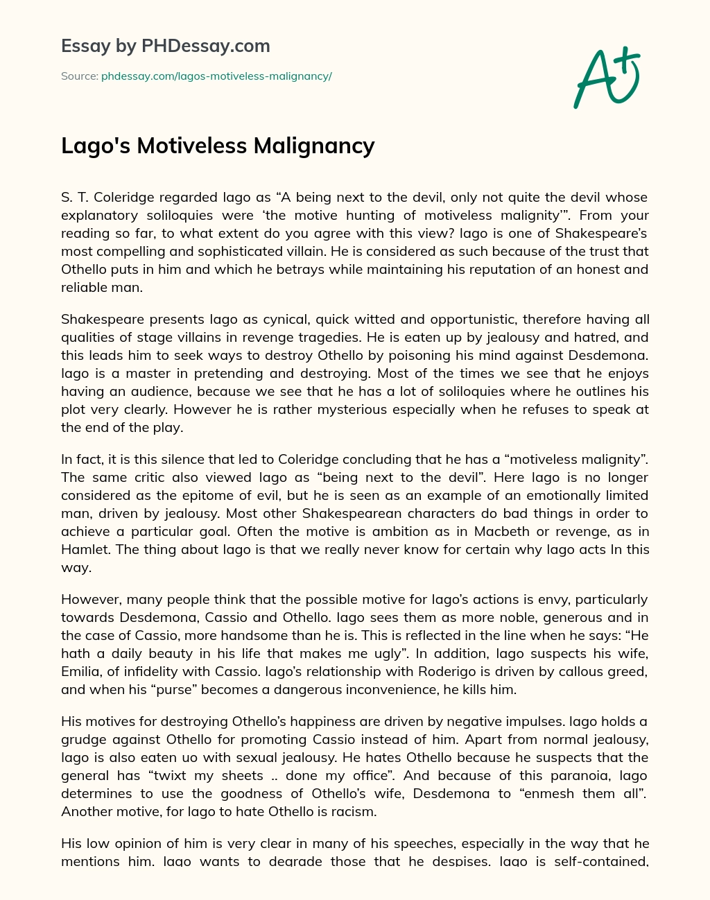 Lago’s Motiveless Malignancy essay