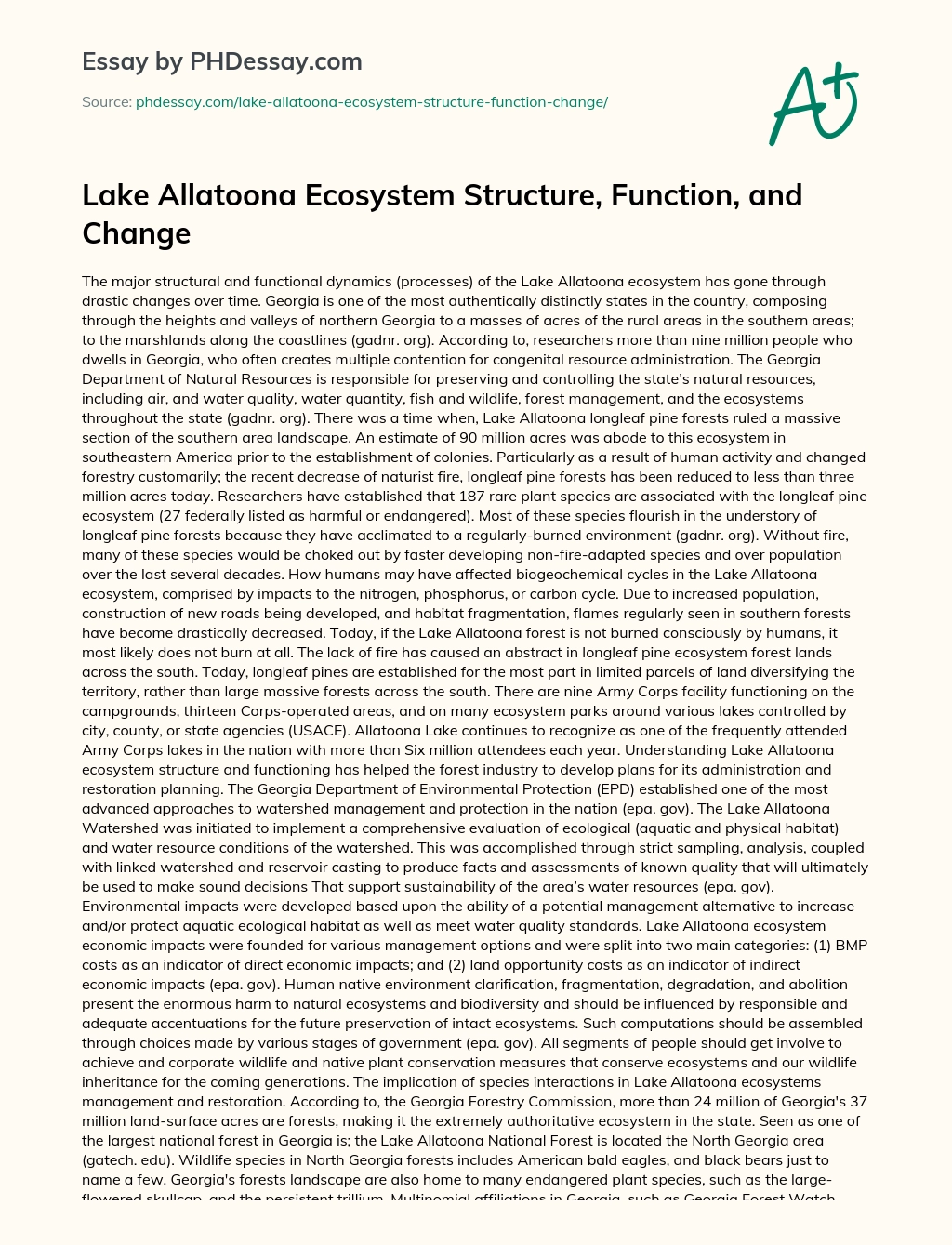 Lake Allatoona Ecosystem Structure, Function, and Change essay