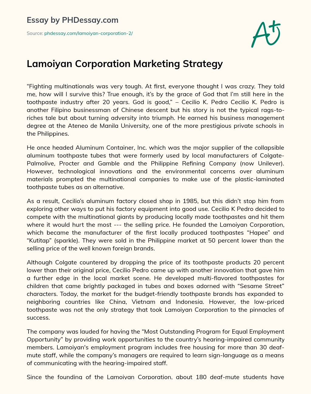 Lamoiyan Corporation Marketing Strategy essay