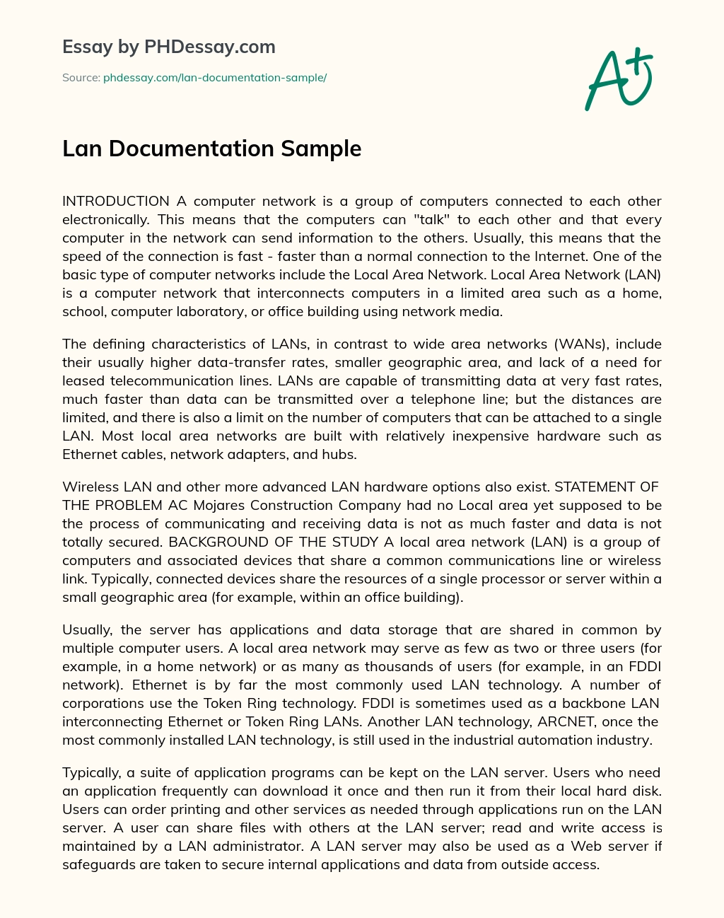 Lan Documentation Sample essay