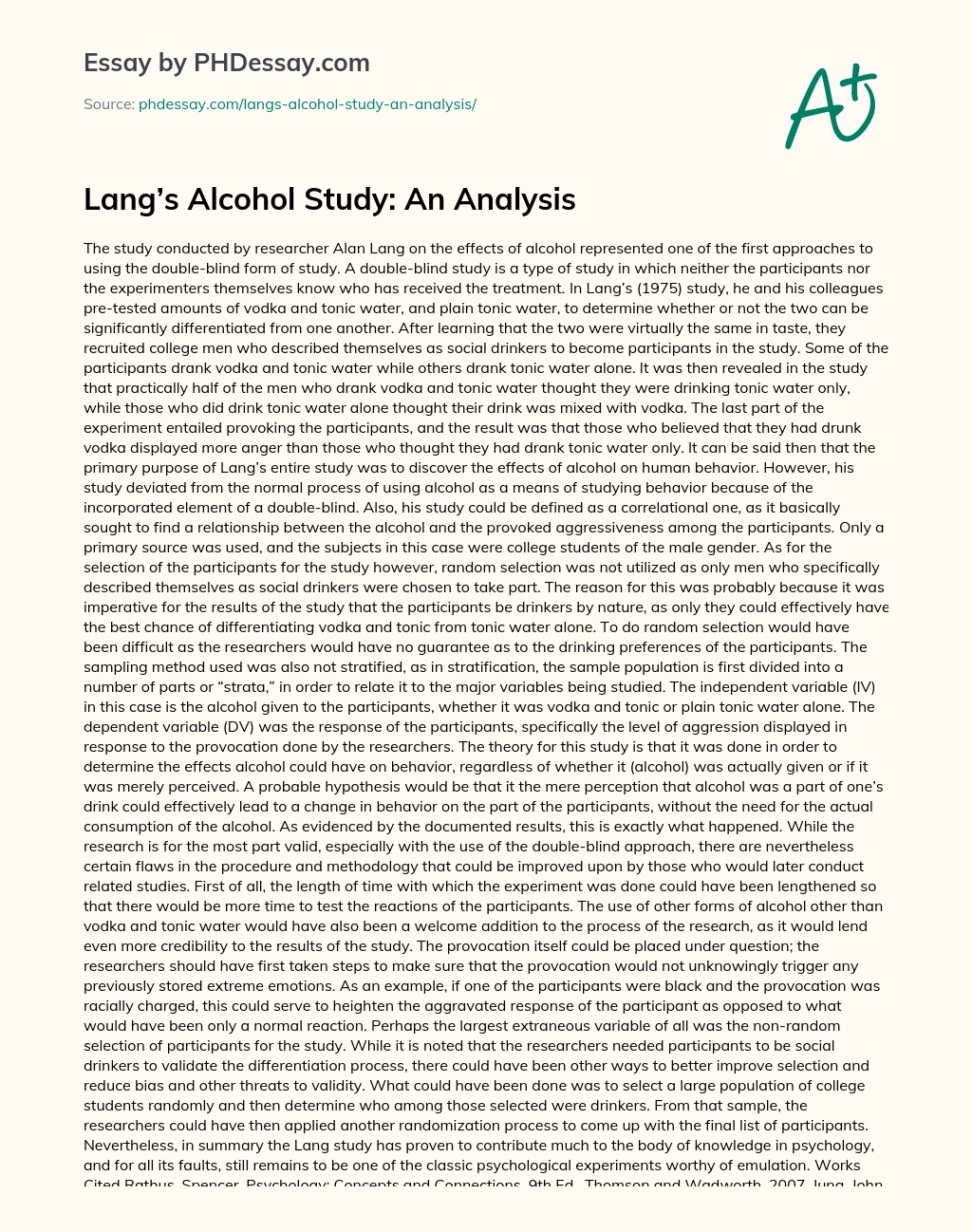 Lang’s Alcohol Study: An Analysis essay