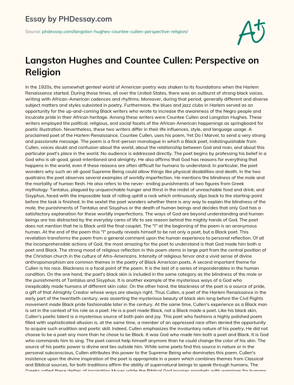 Langston Hughes and Countee Cullen: Perspective on Religion essay