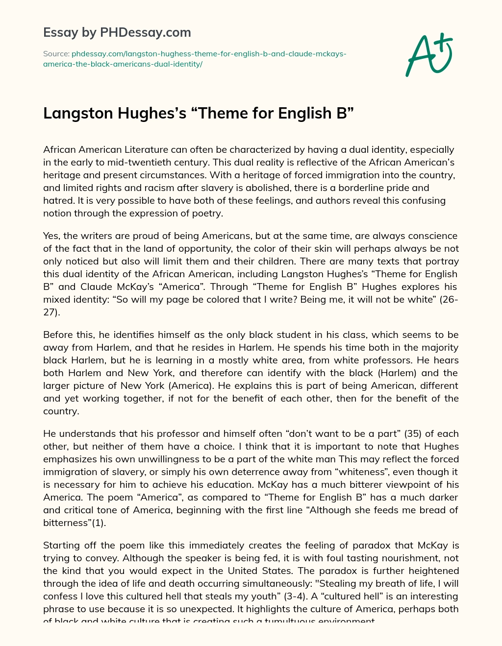 Langston Hughes’s “Theme for English B” essay