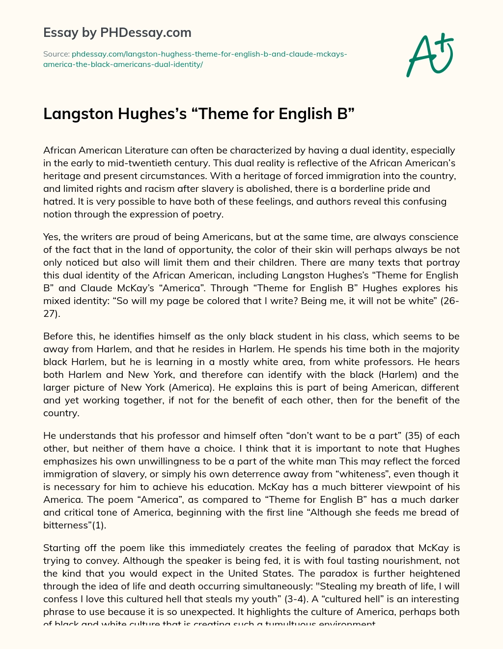 Langston Hughes S Theme For English B Analysis And Summary Essay 