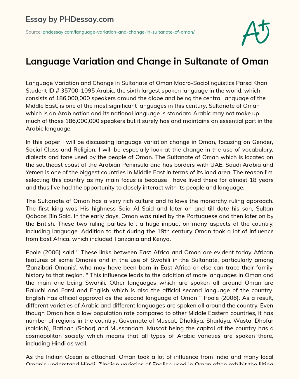 Language Variation and Change in Sultanate of Oman essay