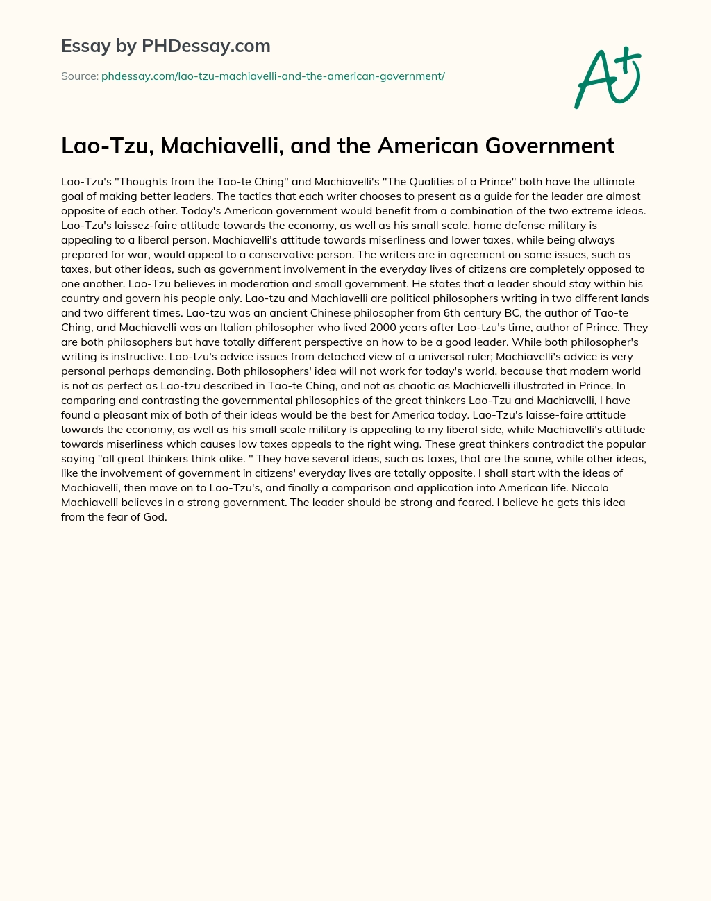 Lao-Tzu, Machiavelli, and the American Government essay