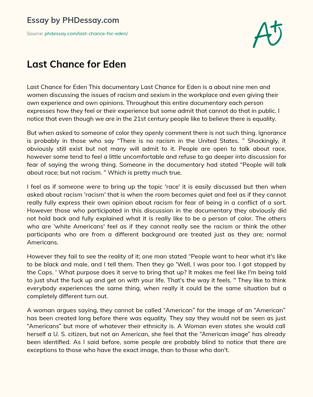 Last Chance for Eden essay