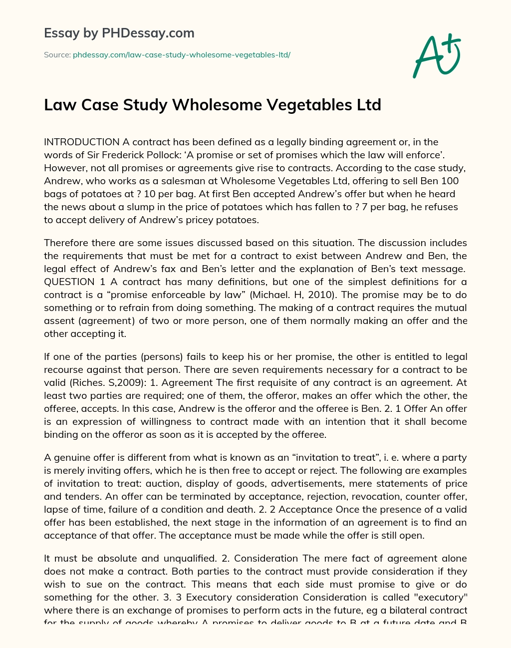 Law Case Study Wholesome Vegetables Ltd essay