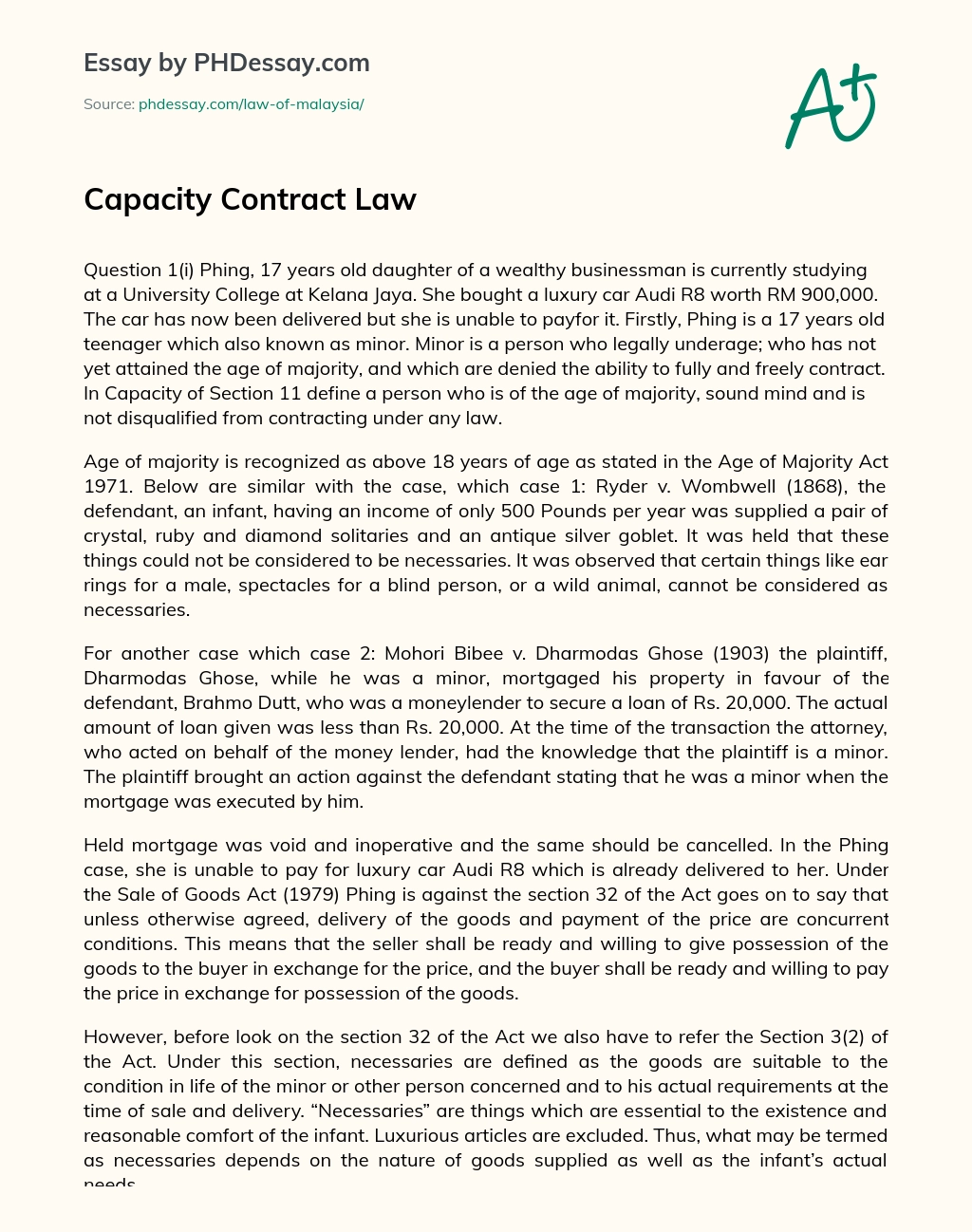 Capacity Contract Law essay