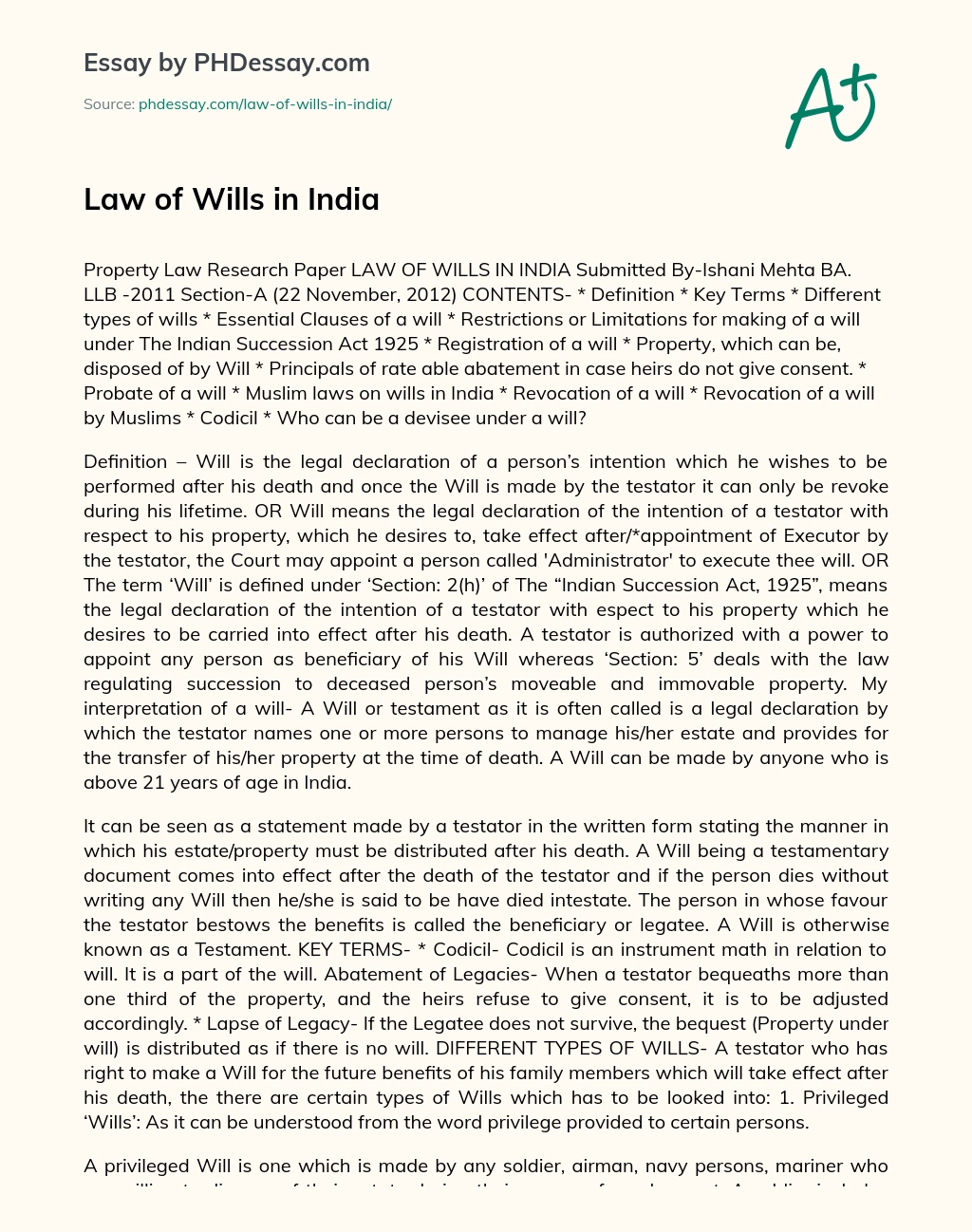 Law of Wills in India essay