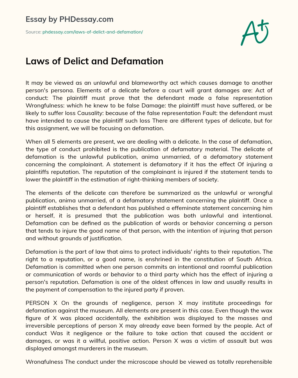 Laws of Delict and Defamation essay
