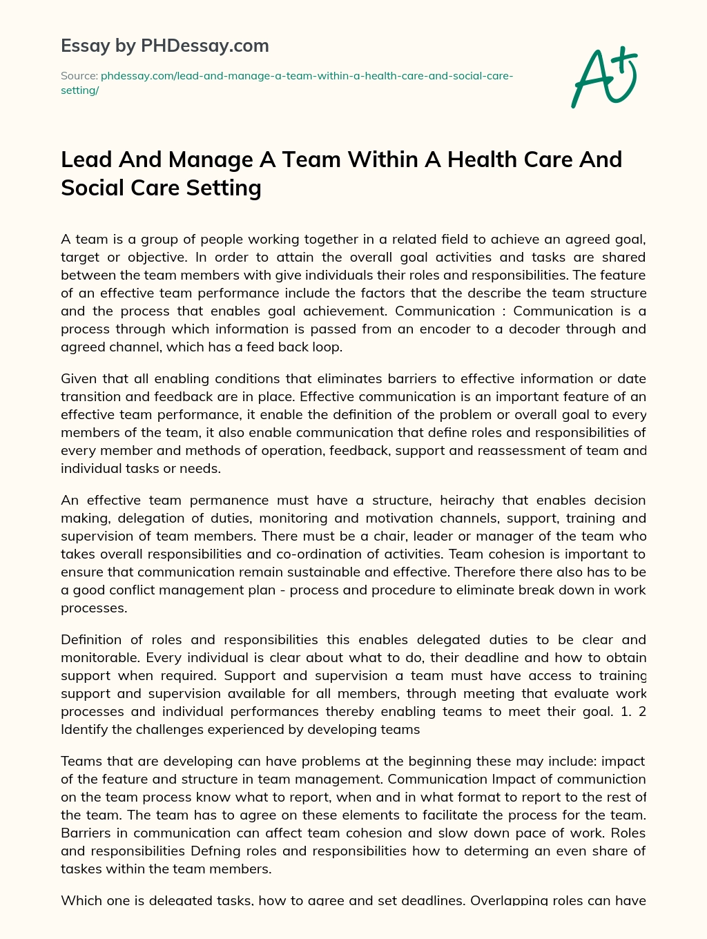 Lead And Manage A Team Within A Health Care And Social Care Setting essay