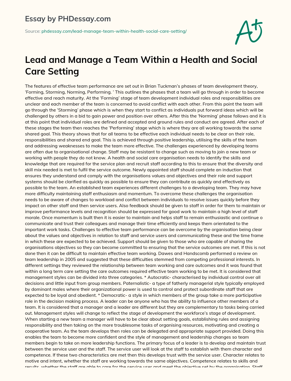 Lead and Manage a Team Within a Health and Social Care Setting essay