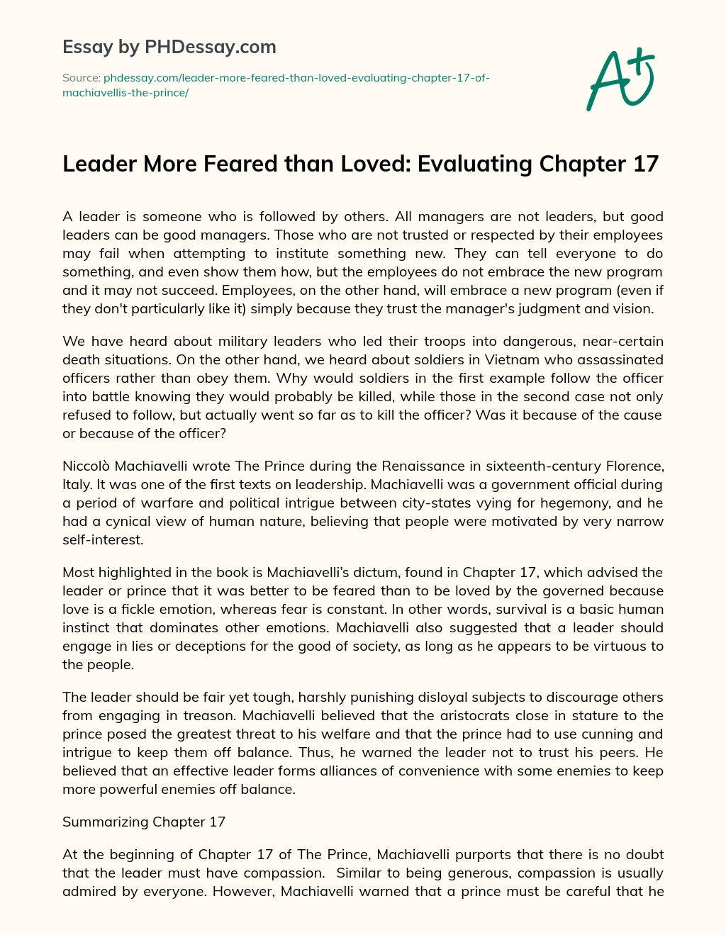 Leader More Feared than Loved: Evaluating Chapter 17 essay