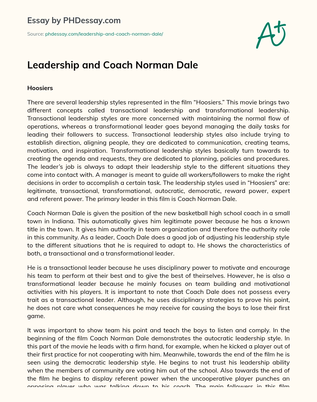 Leadership and Coach Norman Dale essay