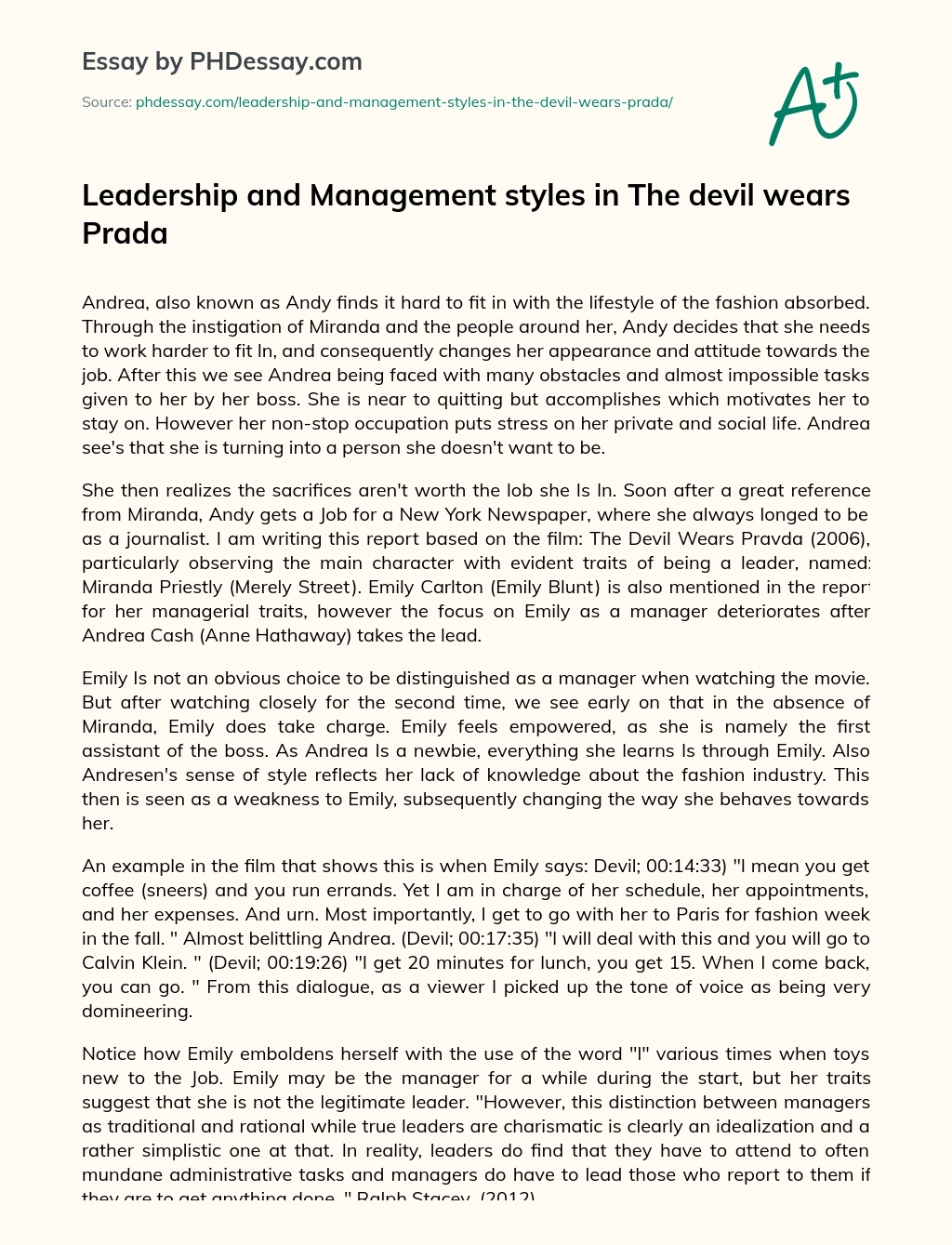 Leadership and Management styles in The devil wears Prada essay