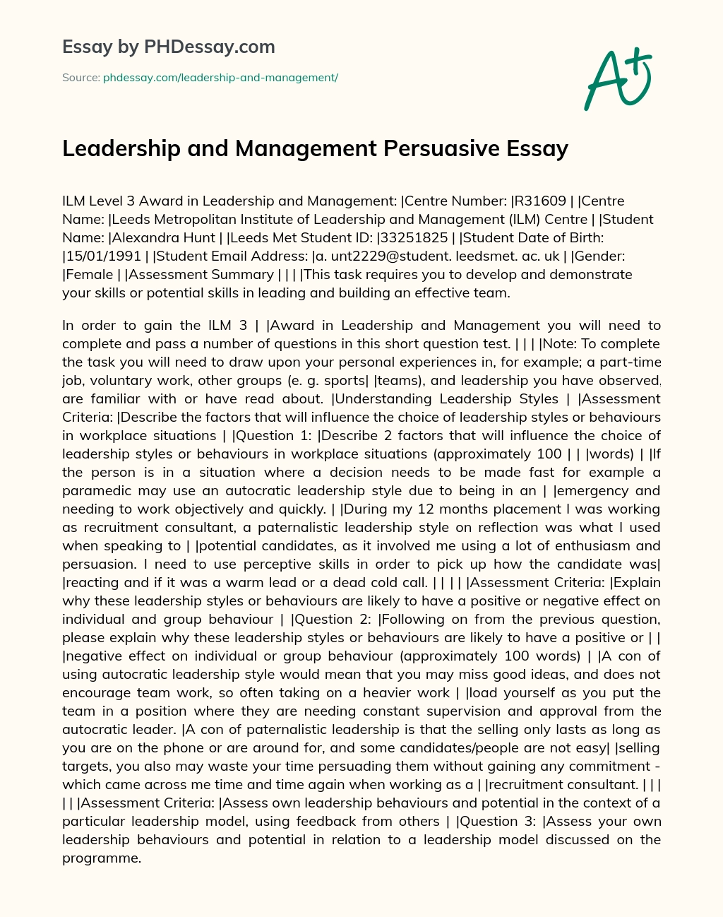 Leadership and Management Persuasive Essay essay