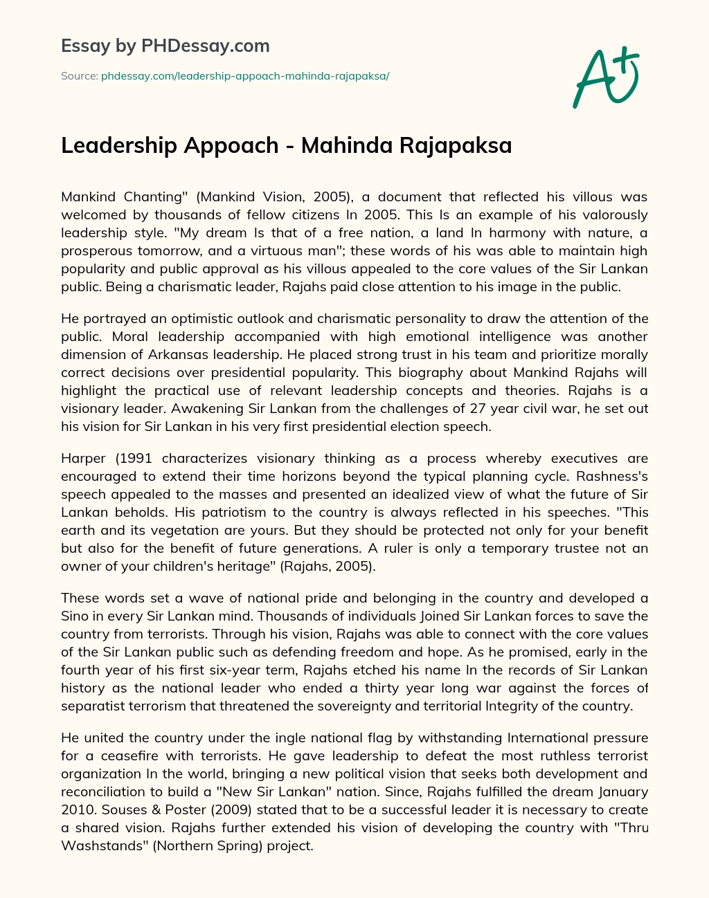 Leadership Appoach – Mahinda Rajapaksa essay