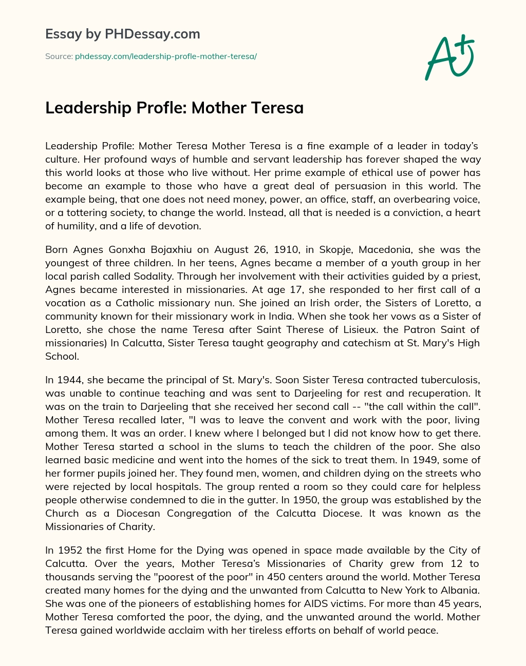 Leadership Profle: Mother Teresa essay