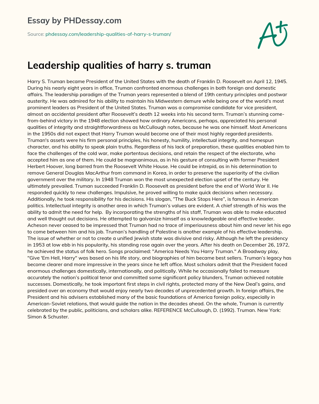 Leadership qualities of harry s. truman essay
