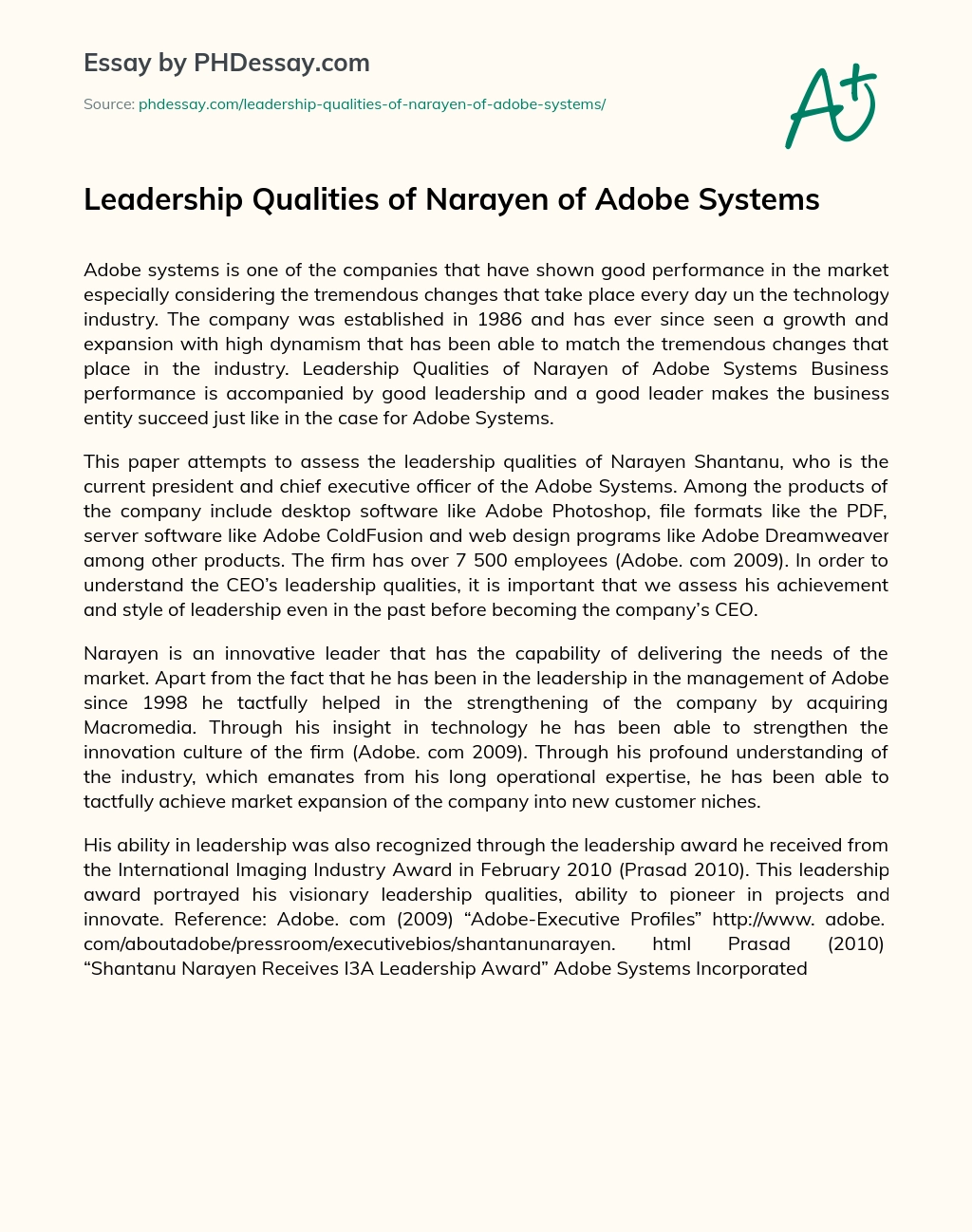 Leadership Qualities of Narayen of Adobe Systems essay