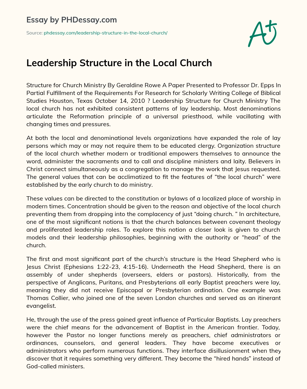 Leadership Structure in the Local Church essay