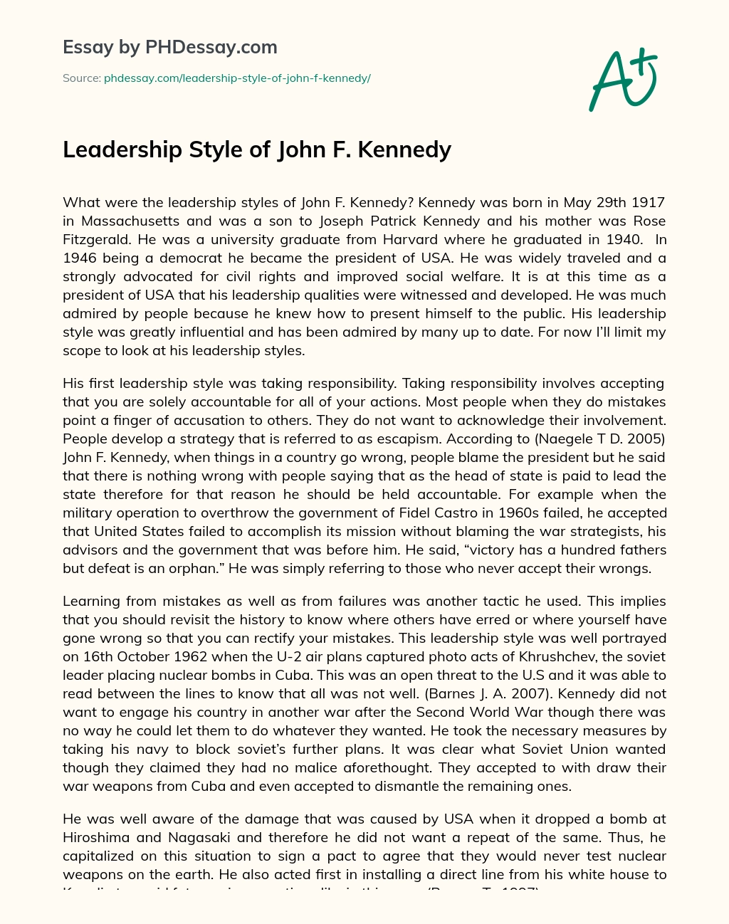 Leadership Style of John F. Kennedy essay
