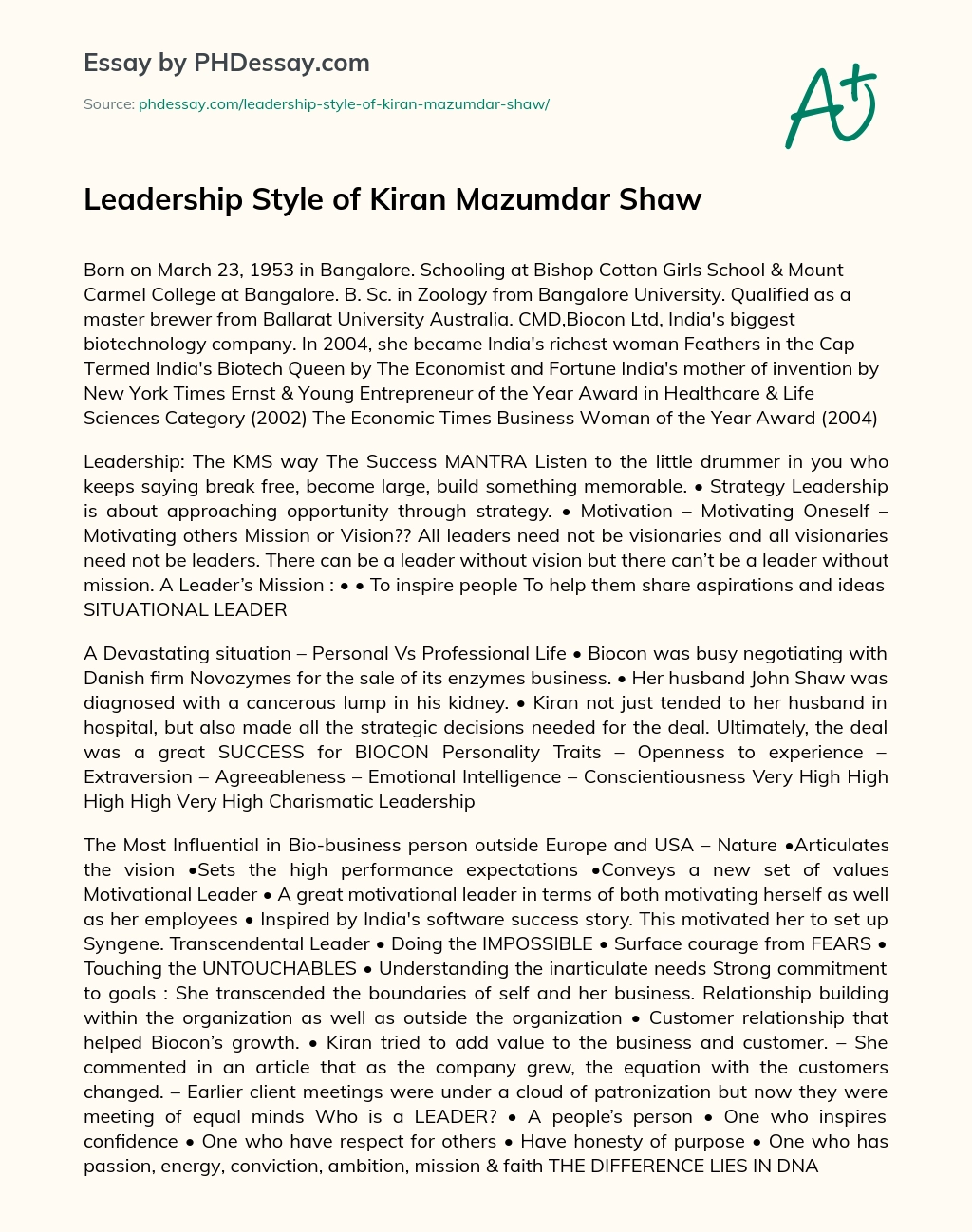 Leadership Style of Kiran Mazumdar Shaw essay