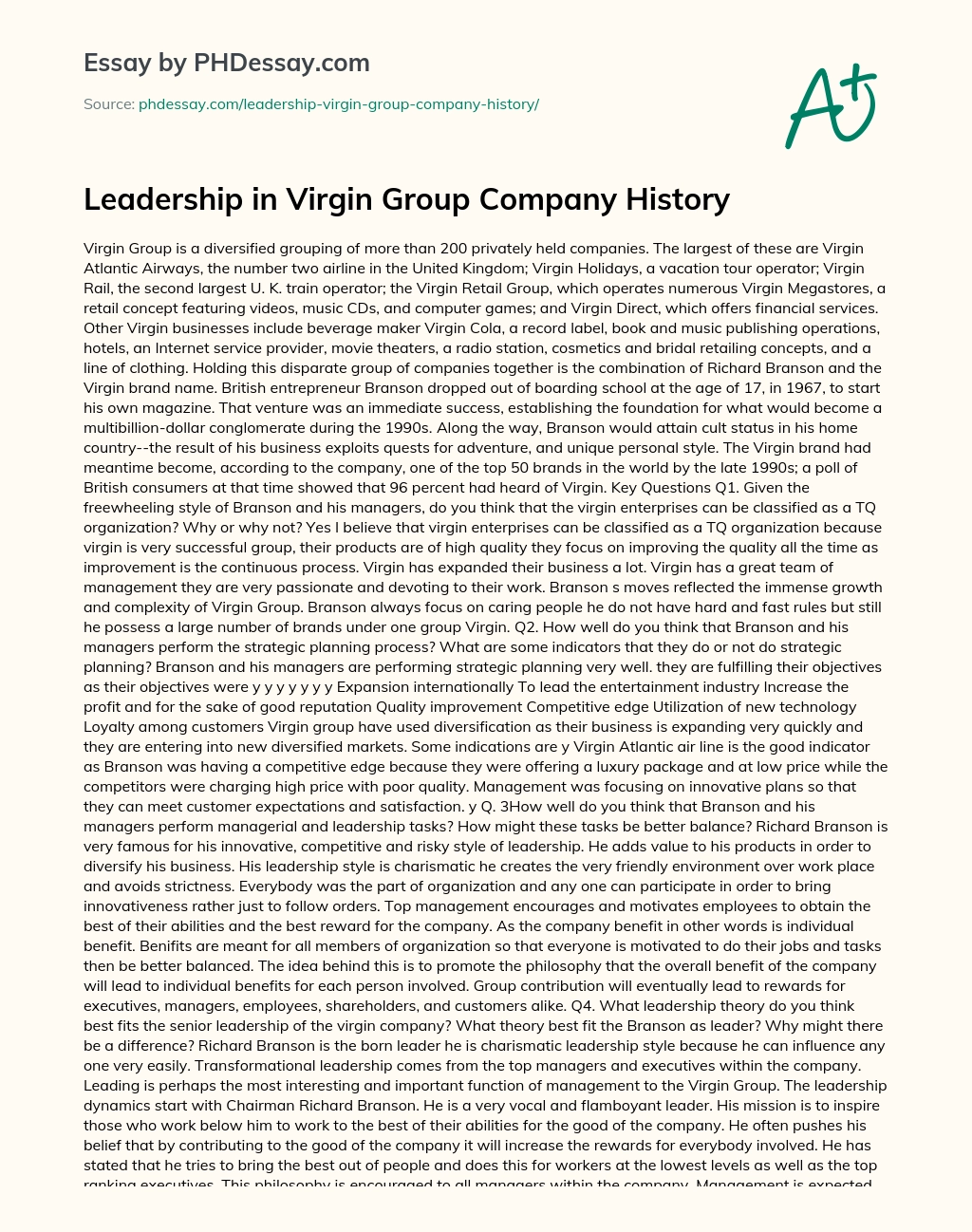 Leadership in Virgin Group Company History essay
