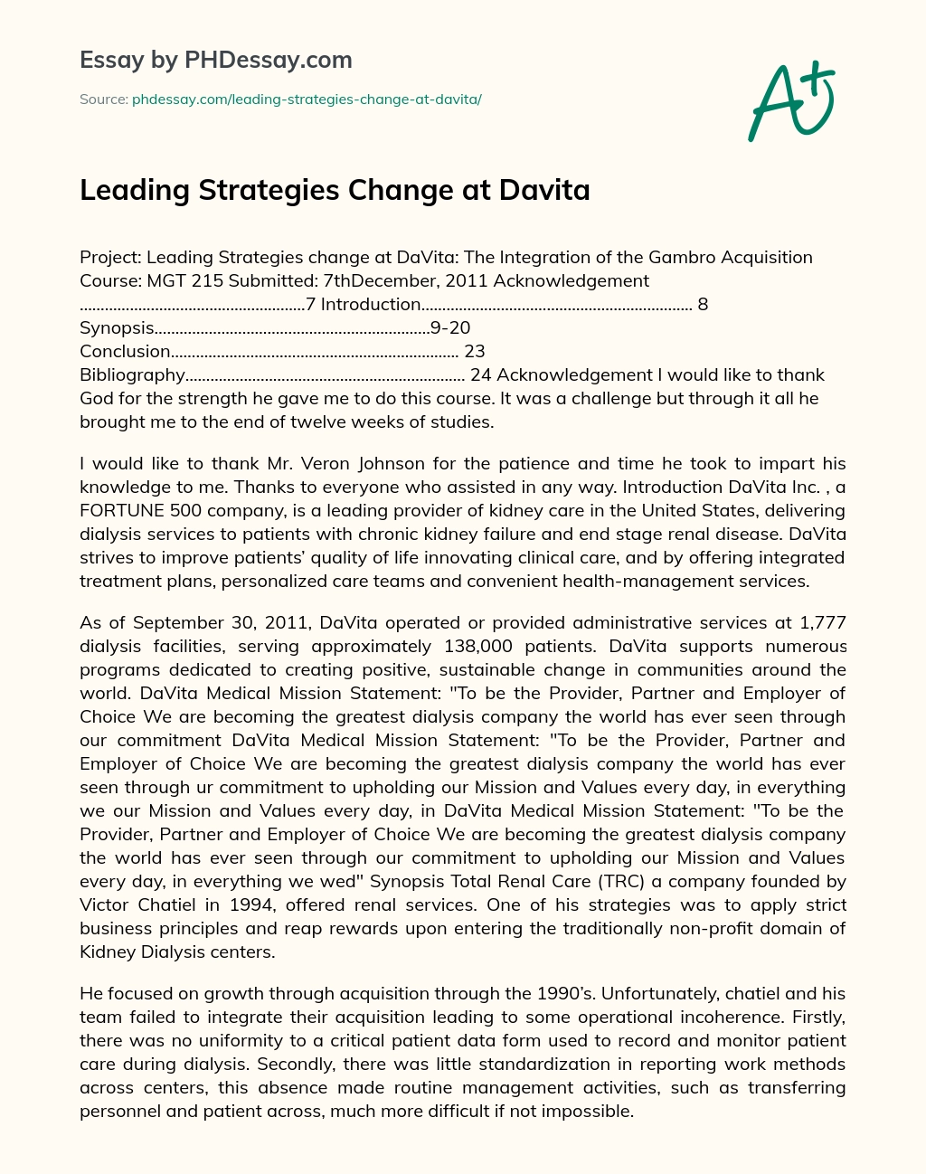 Leading Strategies Change at Davita essay