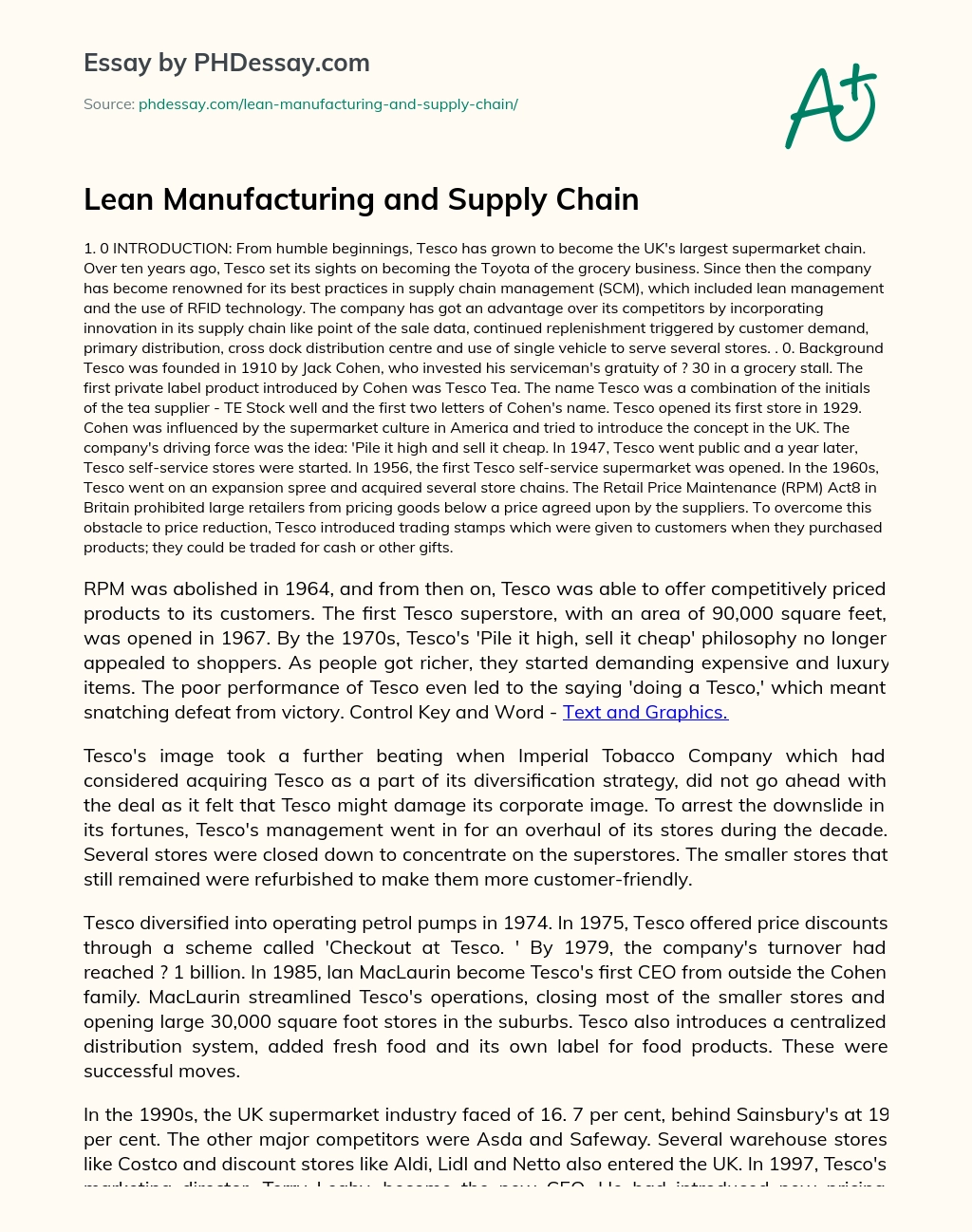 Lean Manufacturing and Supply Chain essay