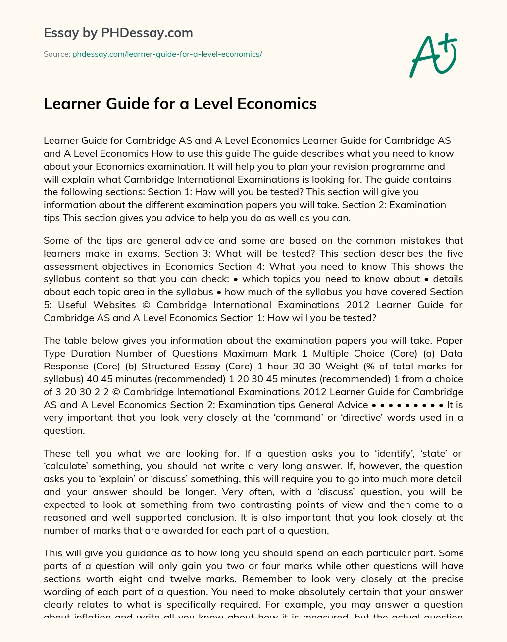 Learner Guide for a Level Economics essay