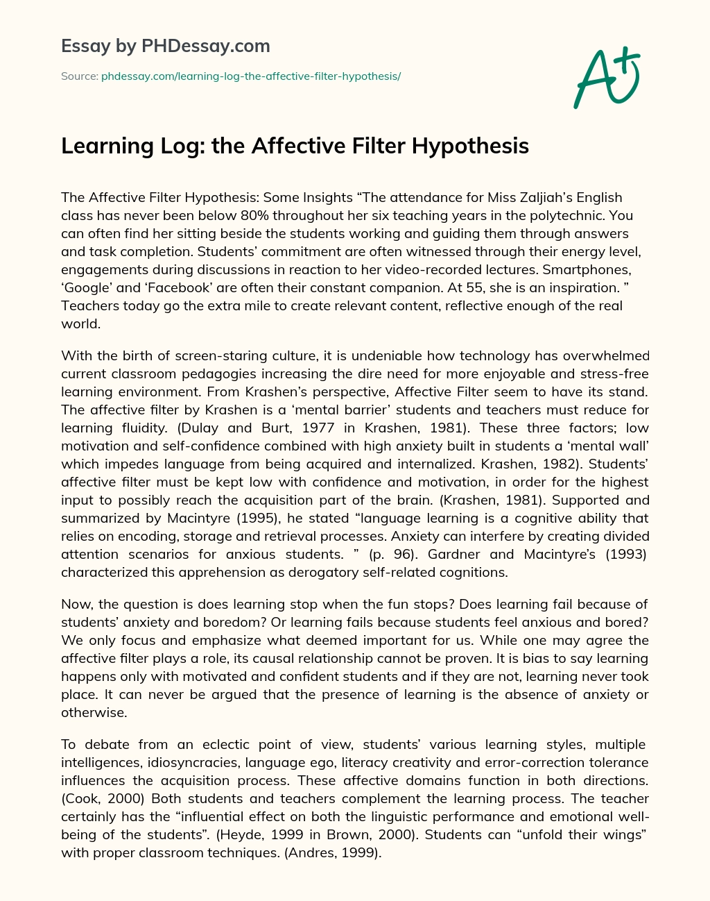 Learning Log: the Affective Filter Hypothesis essay