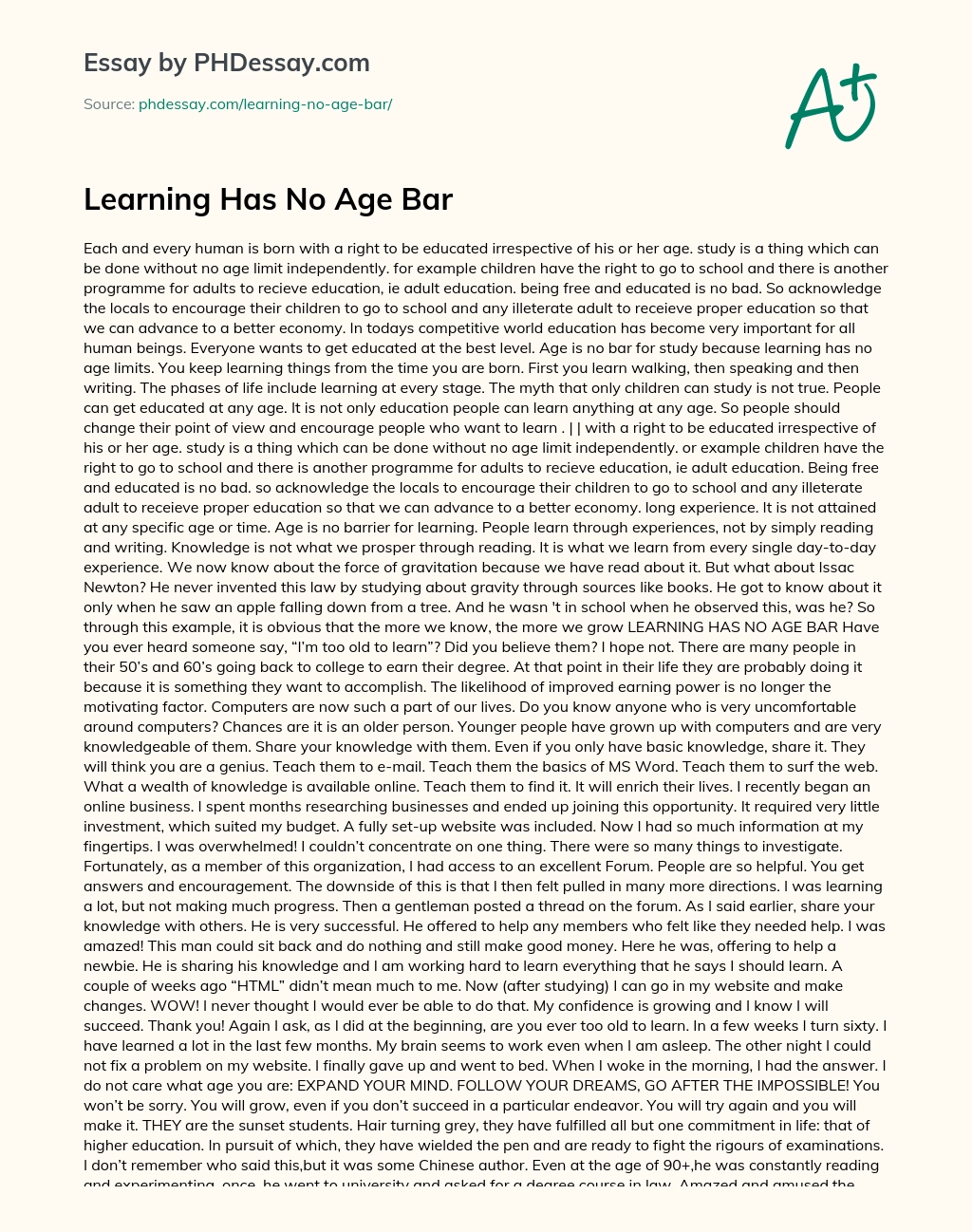 Learning Has No Age Bar essay