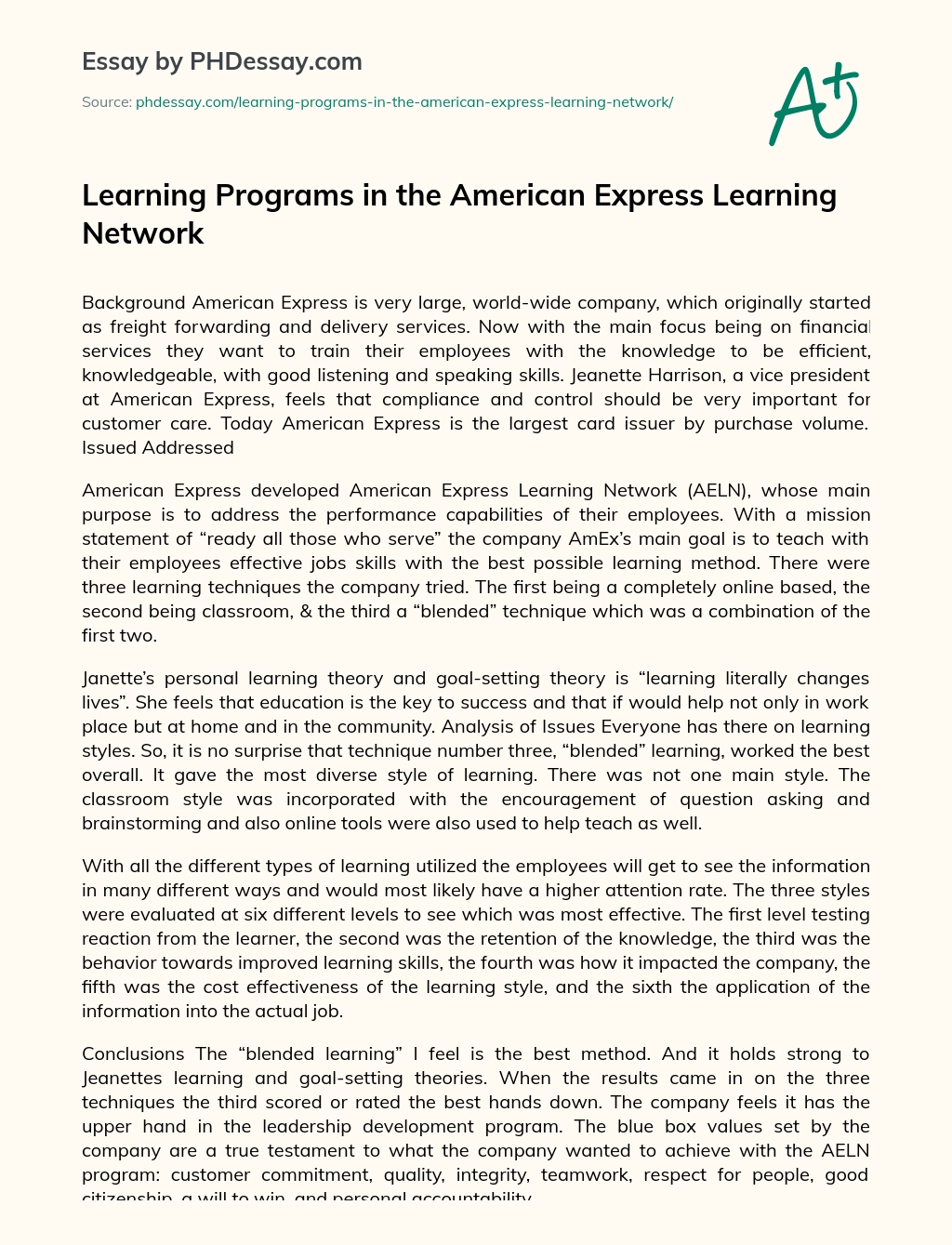 Learning Programs in the American Express Learning Network essay