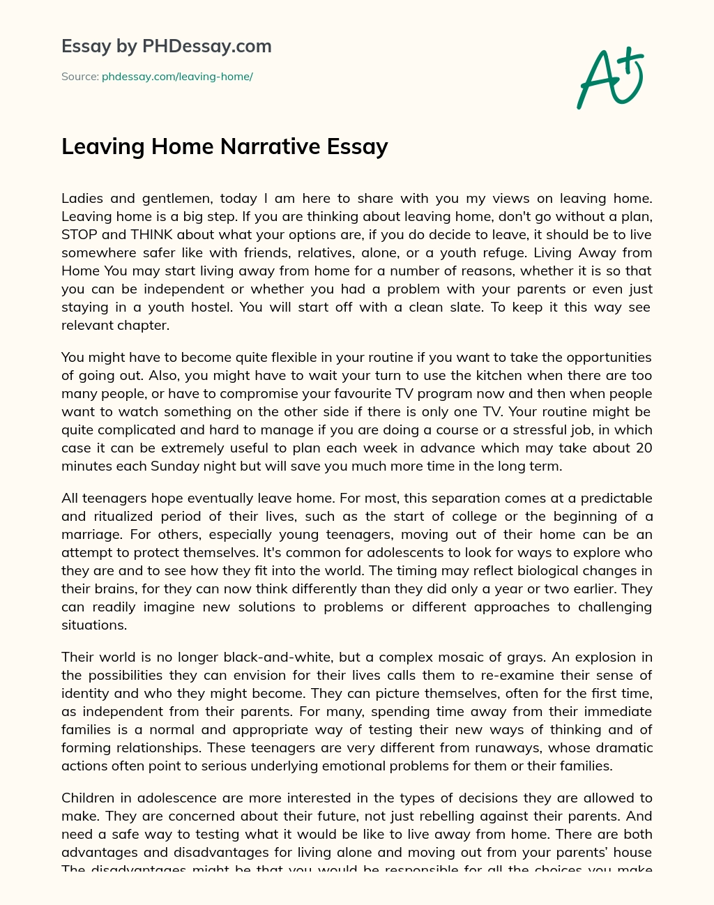 Leaving Home Narrative Essay essay