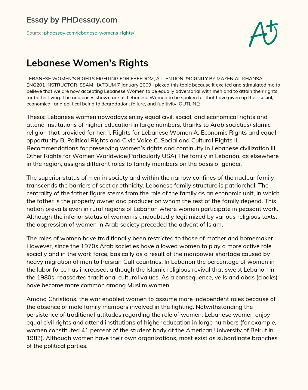 Lebanese Women’s Rights essay
