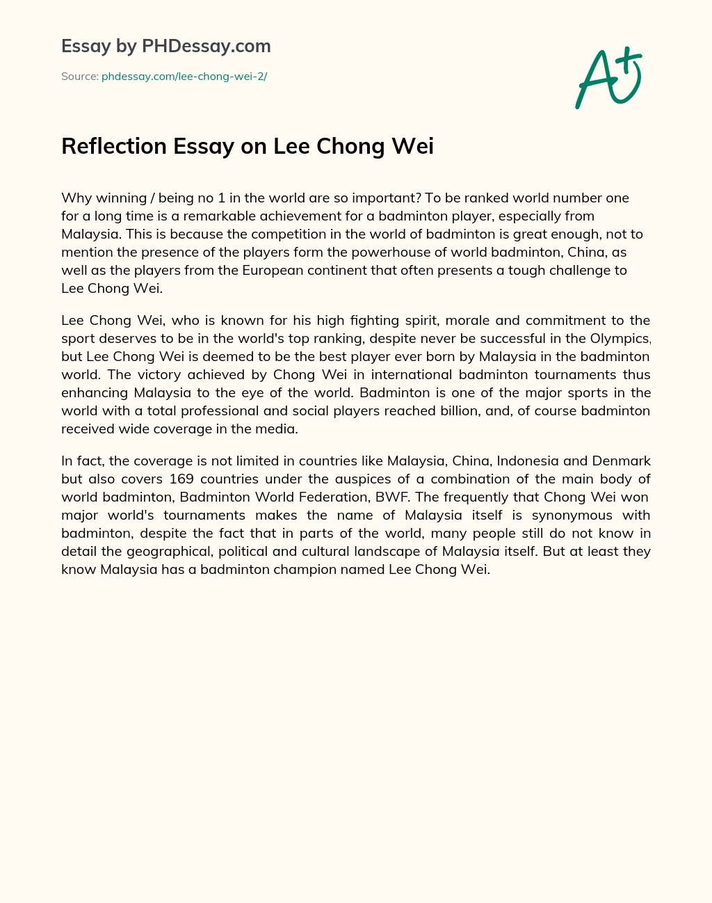 Reflection Essay on Lee Chong Wei essay