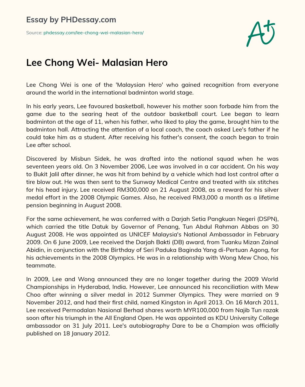 Lee Chong Wei- Malasian Hero Personal Essay Example (400 Words) -  Phdessay.Com