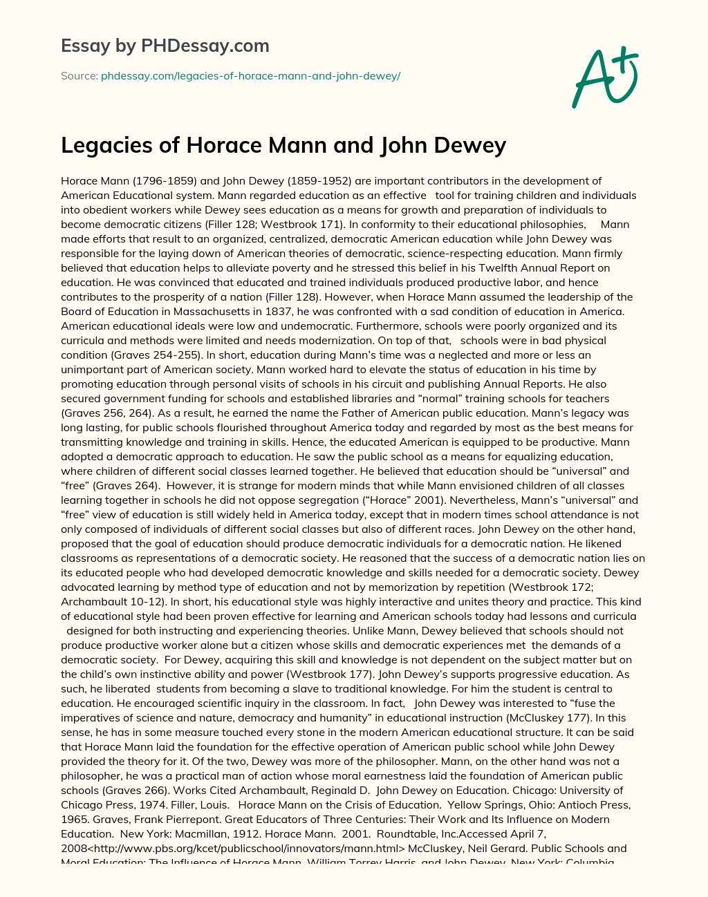 Legacies of Horace Mann and John Dewey essay