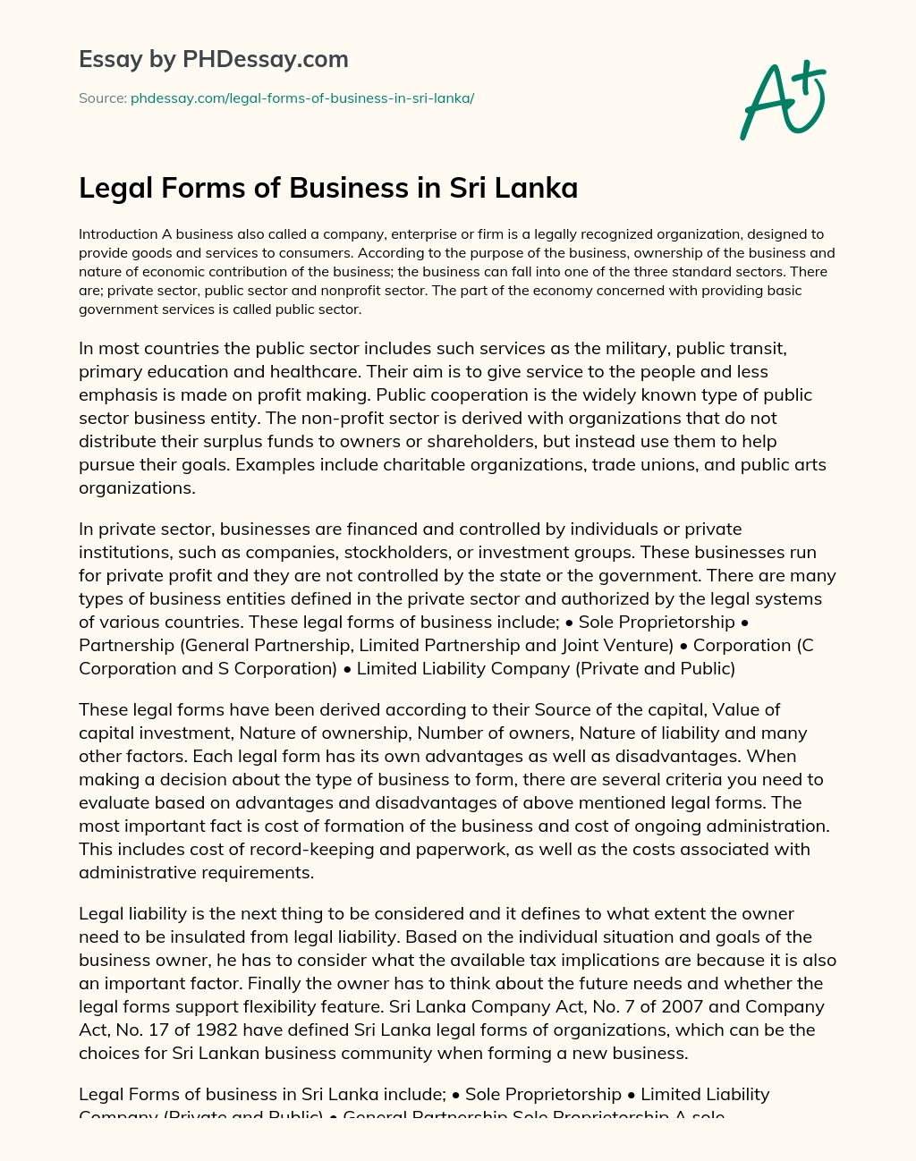 Legal Forms of Business in Sri Lanka essay