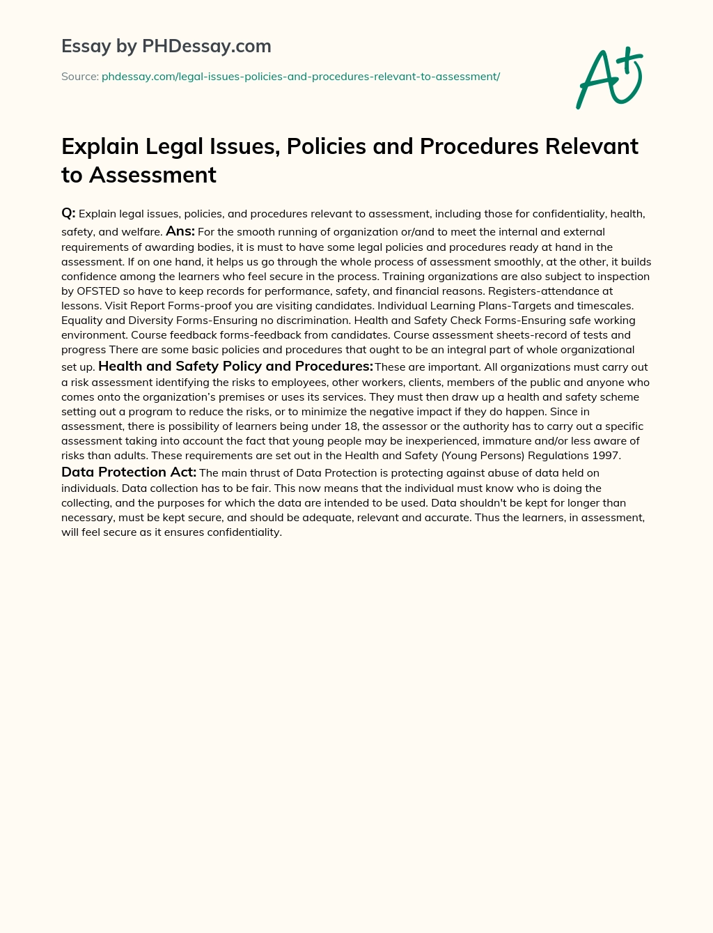 Explain Legal Issues, Policies and Procedures Relevant to Assessment essay