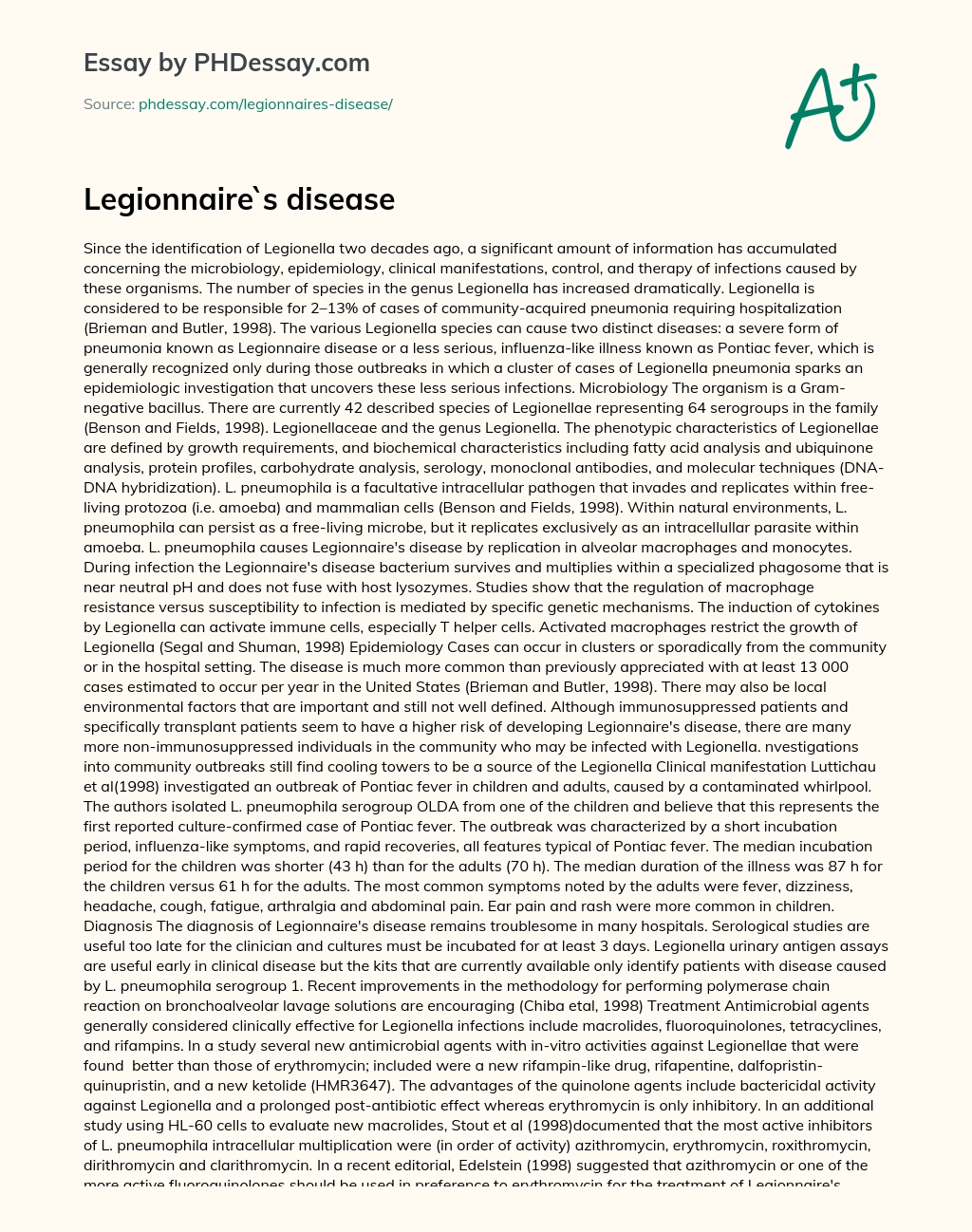 Legionnaire`s disease essay