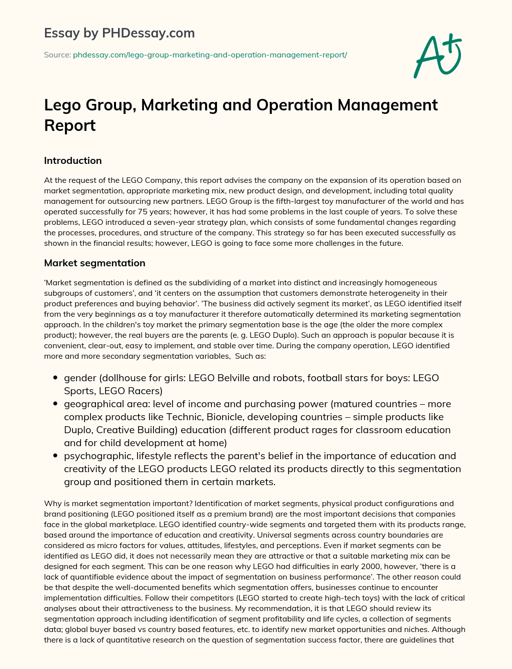 Lego Group, Marketing and Operation Management Report essay