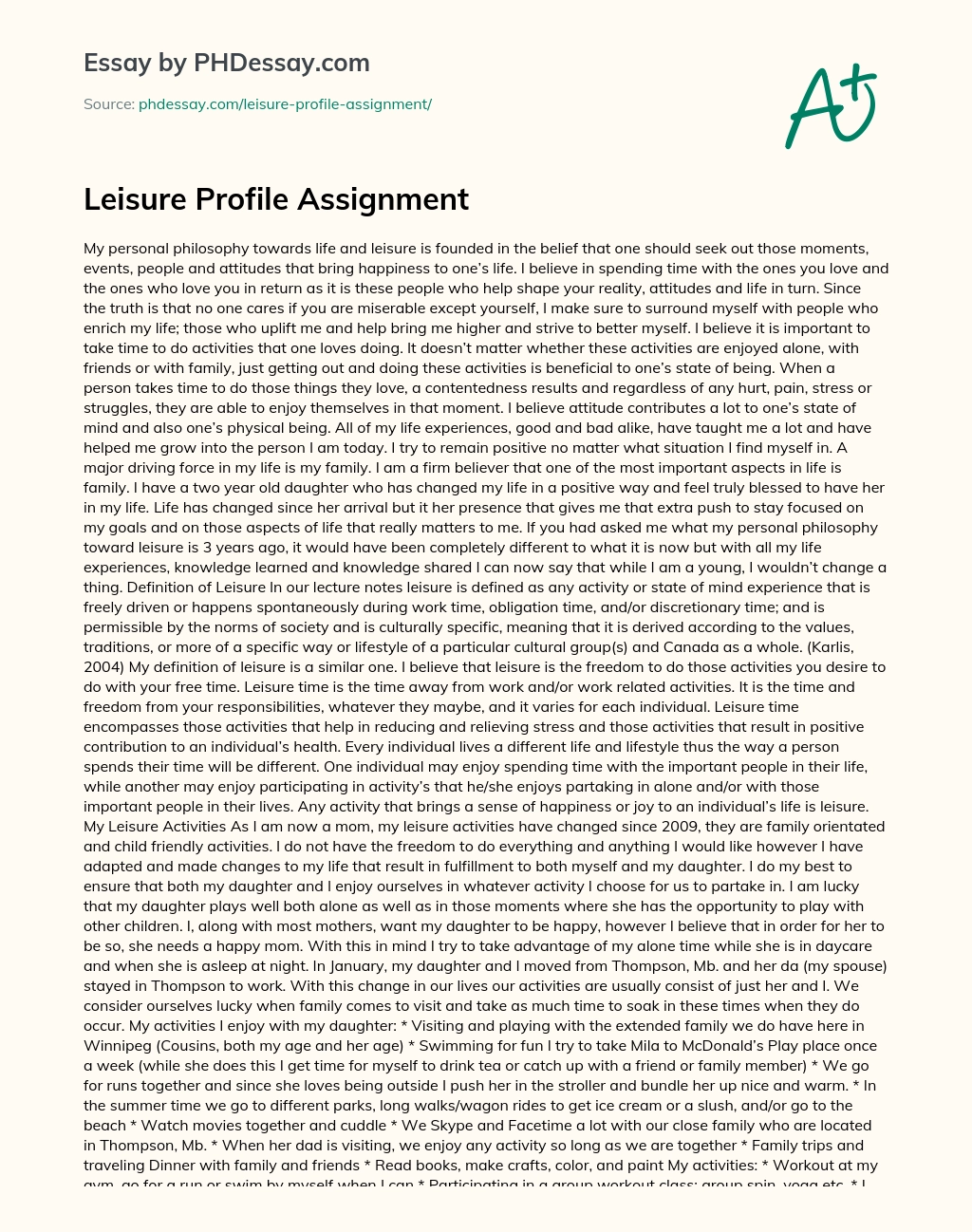 Leisure Profile Assignment essay