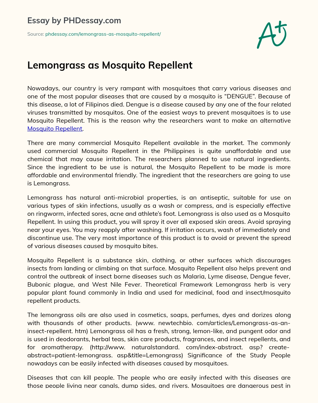 Lemongrass as Mosquito Repellent essay