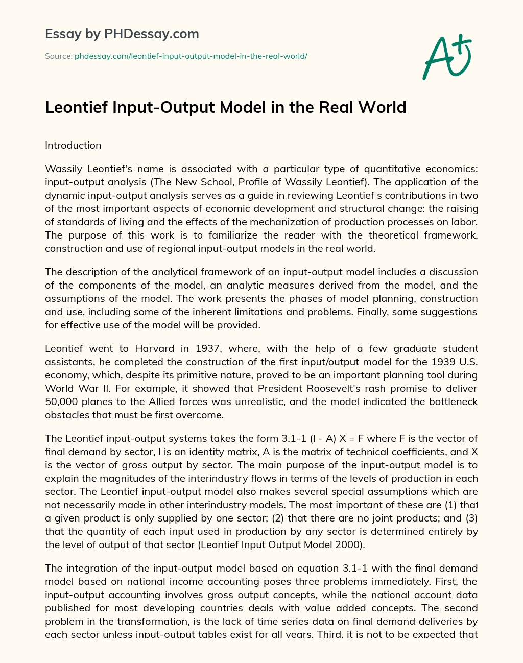 Leontief Input-Output Model in the Real World essay