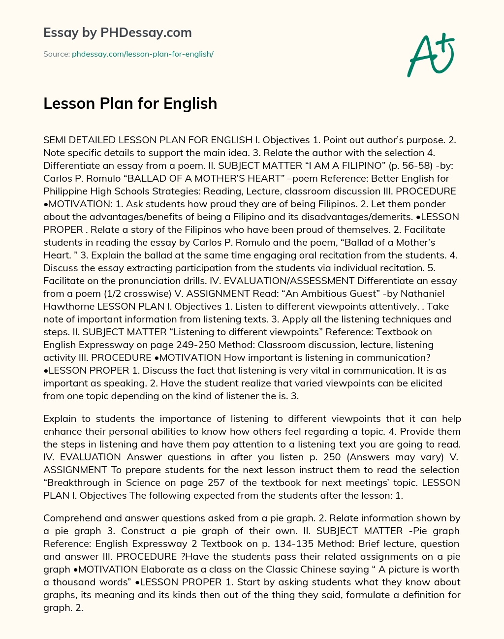 Lesson Plan for English essay